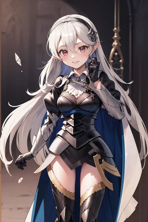 masterpiece, best quality, defCorrin, black hairband, armored dress, blue cape, puffy sleeves, juliet sleeves, vambraces, black gloves, armored legwear, upper body, looking at viewer, castle, gothic architecture, smile, sky, clouds, hands to heart full bod...