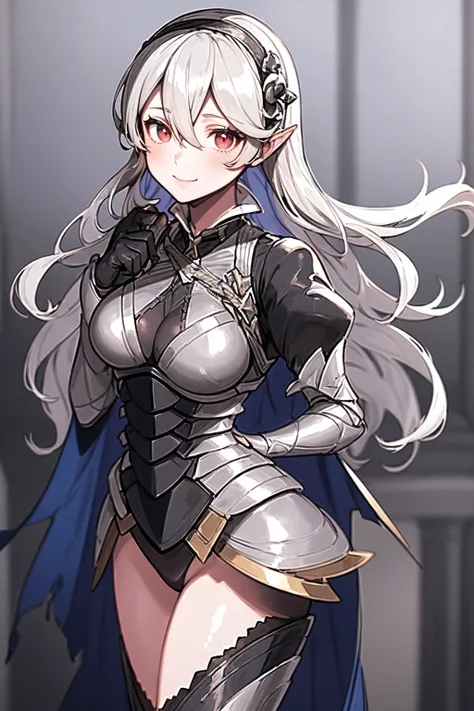 masterpiece, best quality, defCorrin, black hairband, armored dress, blue cape, puffy sleeves, juliet sleeves, vambraces, black gloves, armored legwear, upper body, looking at viewer, castle, gothic architecture, smile, sky, clouds, hands to heart full bod...