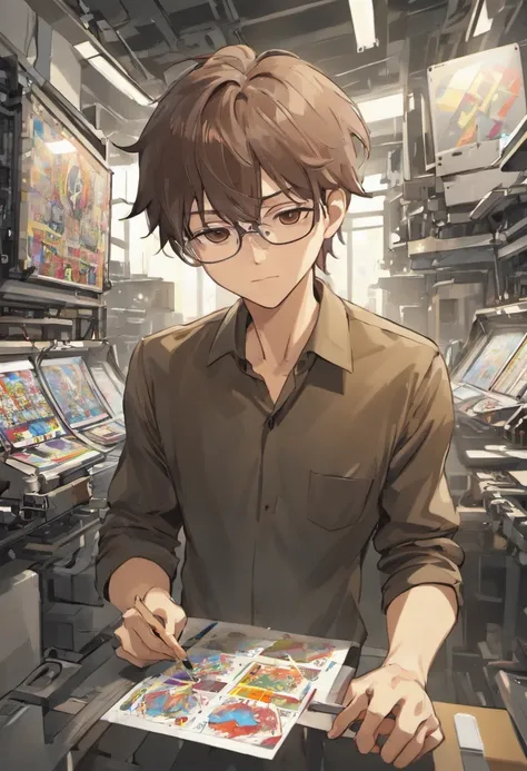 man, 50 years old, middle aged, short gray hair, ((((long thin face, thin chin, smooth face, dark brown eyes)))), (((very thin and inconspicuous, silver glasses))) , wearing a formal shirt, gummy smile, slender body, standing behind a counter with computer...