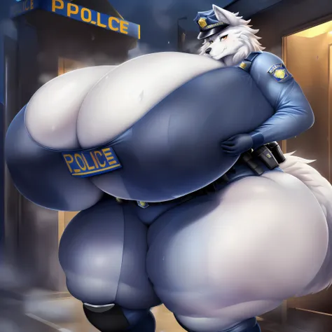 (sfw, 8K, Masterpiece, high resolution, super fine illustration:1.3), (anime:1.2), (fluffy:1.5), detailed background, solo, (cute), (female white wolf anthro:1.5), tall,  (plump, thicc:1.5), topheavy, (huge breasts:2.5), cleavage, (huge ass, thick thighs:2...