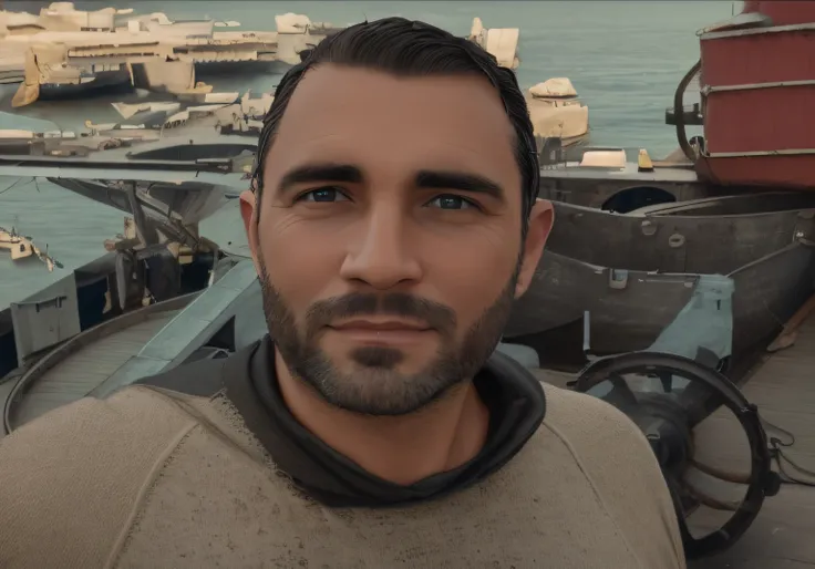 Beardless man in black shirt standing on a ship looking at camera, realistic animation style