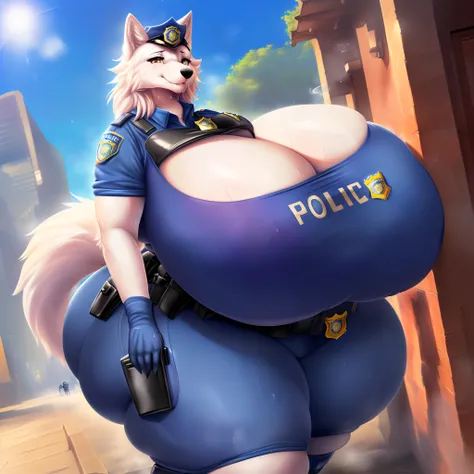 (sfw, 8K, Masterpiece, high resolution, super fine illustration:1.3), (anime:1.2), (fluffy:1.5), detailed background, solo, (cute), (female white wolf anthro:1.5), tall,  (chubby, plump, thicc:1.5), topheavy, (huge breasts:2.5), cleavage, (huge ass, thick ...