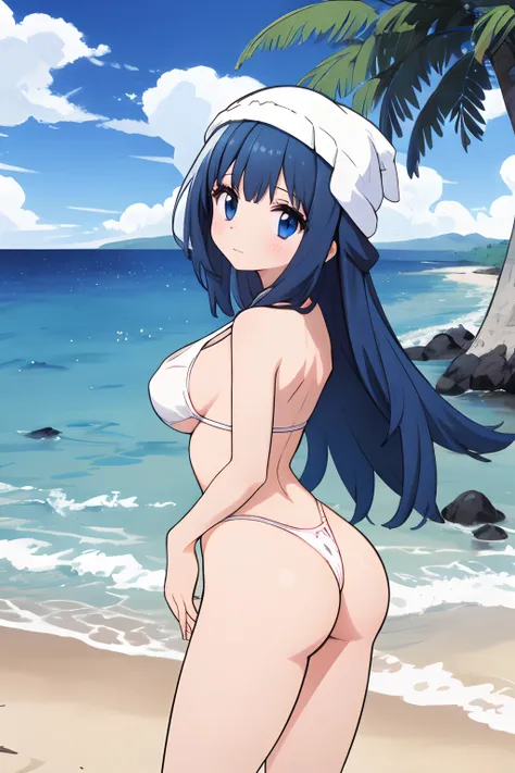 1girl, highleg panties, 
ass,  beach,, masterpiece, best quality, highly detailed, long dark blue hair, blue eyes, white hat