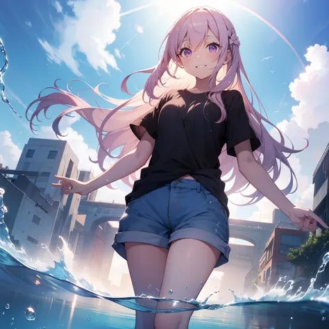 (masutepiece,Best Quality,8K),(extremely detailed CG1.1),Girl standing on the surface of the water emitting a beautiful light,Smile,(From below:1.2),Intricate details , Hyper realistic, Perfect Anatomy,A pink-haired,Twin-tailed,Purple eyes,Permed hair with...