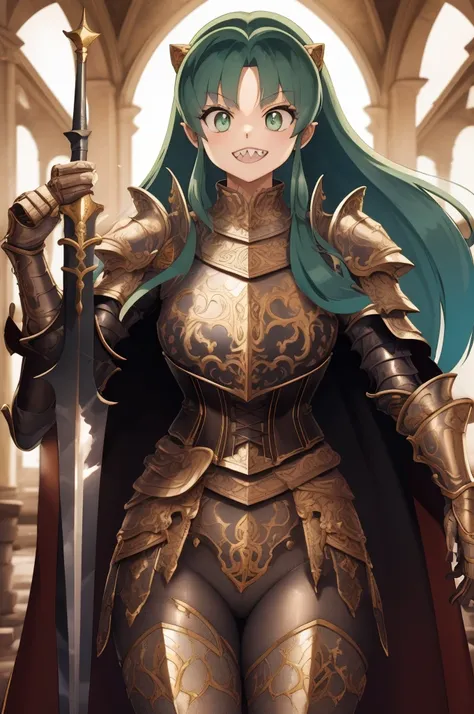 masterpiece, best quality,medieval armor,  corset, breastplate,lum, , urusei yatsura, cloak, pants, pullover, kimono,martial pov,, pantyhose, sharpteeth, standing,smile, matial art, sword holding