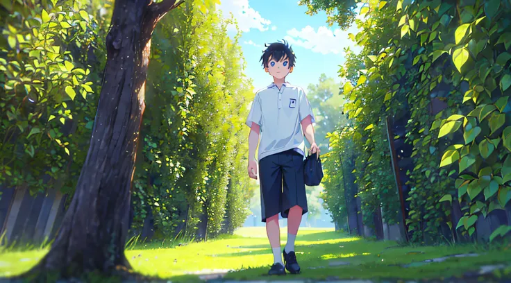 masterpiece, best quality, {{{1boy}}} , {{from below}}, looking at viewer, looking down, casual uniform, {{{1giant}}} , teenage, shoes, crouch,grass,look at tiny boy