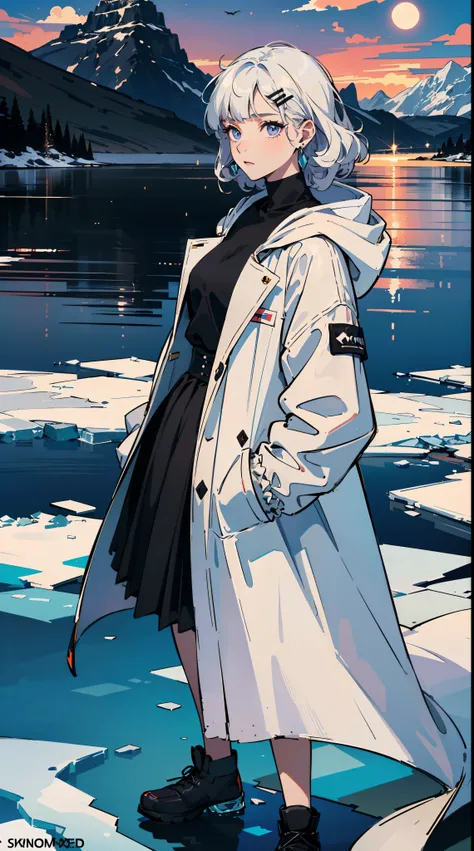 ((((frills,large black hoodie,))))((hands in pockets,))(Masterpiece illustration,Beautiful and aesthetic:1.2,head up,aim to sky), Best quality,Top quality, Epic quality,((((nature,on the iced lake,on a ice shield  ,outdoor,cloudy,iceland,))))(beautiful pur...