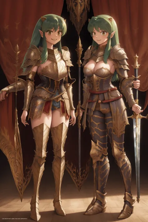 masterpiece, best quality,medieval armor, corset, breastplate,lum, , urusei yatsura, cloak, pants, pullover, kimono,martial pov,, pantyhose, sharpteeth, standing,smile, matial art, sword holding, full body, boots