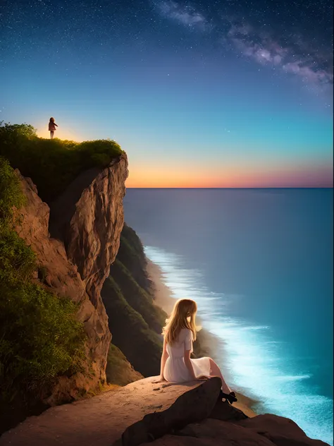 Young blonde woman on a cliff by the ocean at night, colourfull