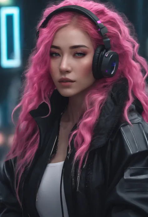 garoto cabelo grande e branco, mascara de raposa hig tech, cyberpunk style, neon colors, japan, headset, long wavy pink hair, black jacket, freckles on cheeks.