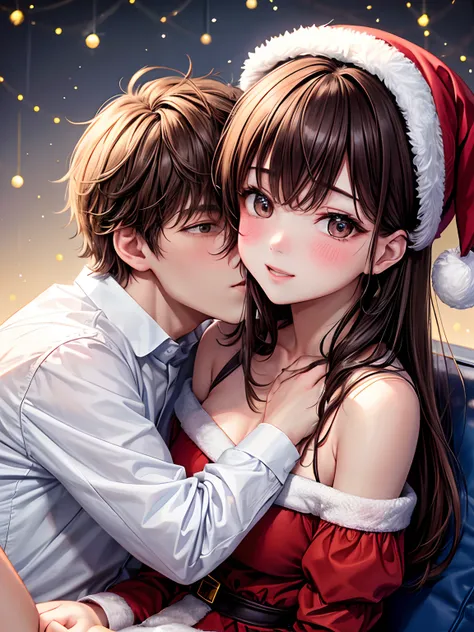 1womanl、1male people、Brown hair、Brown eyes、Best Quality、ultra-detailliert、8 Resolution、Raw photo、masutepiece、Perfect body、high-level image quality、top-quality、Detailed drawing、Vibrant colors、18year old、cute little、up of face、Christmas、Girl dressed as Santa...