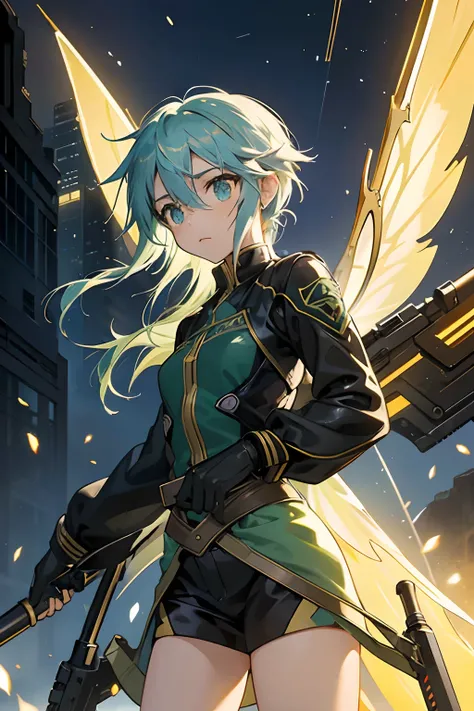 Asada Sinon from Sword Art Online, with magnificent fairy wings, golden glasses, in a masterpiece, best quality 16k anime wallpaper. The background is set in a cyberpunk world, with a sniper aura and stunning bullet effects.