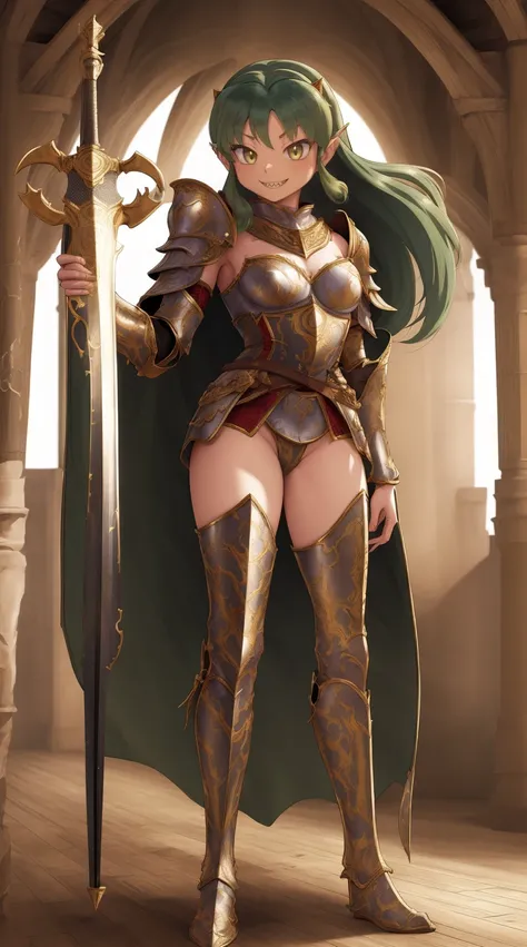 masterpiece, best quality,medieval armor, corset, breastplate,lum, , urusei yatsura, cloak, pants, pullover, kimono,martial pov,, pantyhose, sharpteeth, standing,smile, matial art, sword holding, full body, boots , pant, medium breast