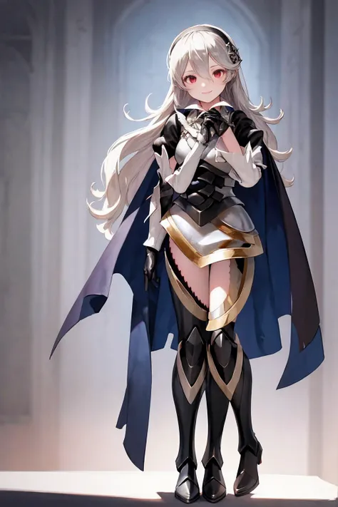 masterpiece, best quality, defCorrin, black hairband, armored dress, blue cape, puffy sleeves, juliet sleeves, vambraces, black gloves, armored legwear, upper body, looking at viewer, castle, gothic architecture, smile, sky, clouds, hands to heart full bod...