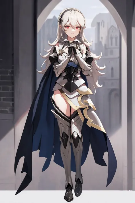 masterpiece, best quality, defcorrin, black hairband, armored dress, blue cape, puffy sleeves, juliet sleeves, vambraces, black ...