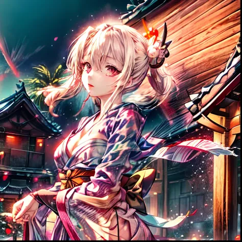 A busty girl was wearing a soaked kimono .(masterpiece), best quality, expressive eyes, perfect face, 8K, perfect details, firework background, wood background, shrine building