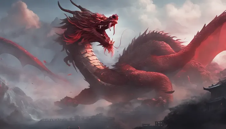 China-style，Chinese mythology，chinesedragon，tosen，Ferocious，gargantuan，The eyes glow red，Glow effects，surrounded by cloud，Thick clouds，buliding，中景 the scene is，Full body like， highly detailed surreal vfx，oc rendered，