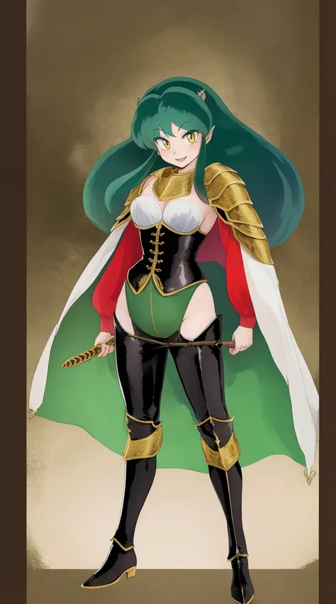 masterpiece, best quality,medieval armor, corset, breastplate,lum, , urusei yatsura, cloak, pants, pullover, kimono,martial pov,, pantyhose, sharpteeth, standing,smile, matial art, sword holding, full body, boots , pant, medium breast, pants, paladin