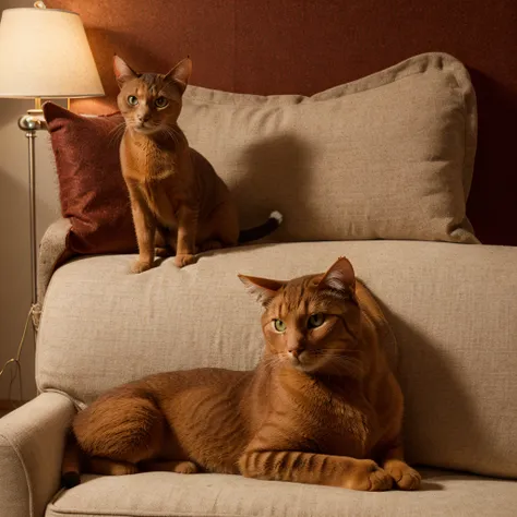 there is an Abyssinian cat that is laying down on a couch, light brown background, volumetric wool felting, sumatraism, royal photo, standing and posing elegantly, creative commons attribution, yearbook photo, tripod, mixed race, scarlet, unusually unique ...