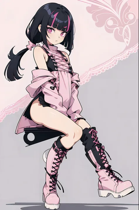 flat design, material design, deformed pop art, Adobe Illustrator, anime character, asymmetric art, one girl, full shot, jiraikei fashion, black hair, bobbed hair, (asymmetric bangs:1.5), fancy decoration, (pink lace-up boots:1.3).