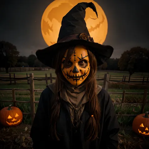 Portrait of a scarecrow with terrifying pumpkin head, hallowen, dark horror.