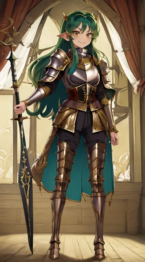 masterpiece, best quality,medieval armor, corset, breastplate,lum, , urusei yatsura, cloak, pants, pullover, kimono,martial pov,, pantyhose, sharpteeth, standing,smile, matial art, sword holding, full body, boots , pant, medium breast, pants, paladin