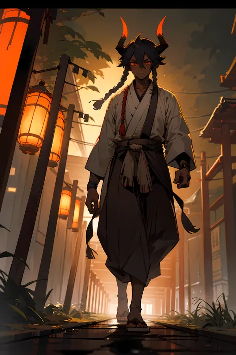 1male, darkskin, short dreads, demon horns, muscular, yukata, tied to waist, walking down path japanese village, night, foggy, confident