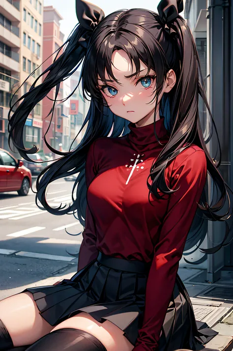 (masterpiece), best quality, expressive eyes, perfect face, 1girl, solo, rintohsaka, rin tohsaka, aqua eyes, black hair, hair ribbon, long hair, ribbon, sidelocks, two side up, black skirt, black thighhighs, long sleeves, miniskirt, pleated skirt, ((red sw...