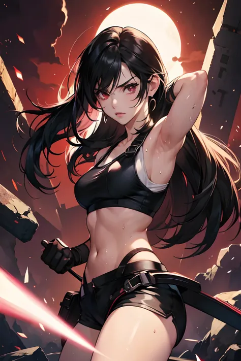 tifa lockheart, sweat, extreme eye detail, anime 4k wallpaper, ultra sharp, fierce aura, best lighting, masterpieces, perfect color