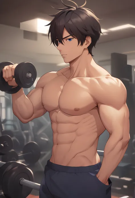 anime guy with a muscular body holding a dumbble in a gym, muscular!!, muscular!, anime handsome man, handsome anime pose, muscular!!!, working out, muscular build, a muscular, in a gym, shoulders can be seen, strong arms, tall anime guy with blue eyes, mi...