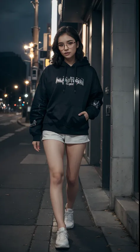 (Best Quality, 8k, 32k, Masterpiece, UHD:1.3), (kpop idol:1.3), 1 Girl, (short wavy hair), Ultra Detailed Face, Detailed Lips, Fine Eyes, double eyelids, (aroused:1.5)) , wearing hoodie, casual hoodie, oversize hoodie, wearing glasses, walking on street at...