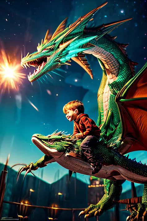 A five-year-old Russian boy, riding on a fire-breathing dragon, in a vibrant and fantastical garden, surrounded by blooming flowers and lush greenery. The dragons scales shimmer in the sunlight, emanating a radiant glow. The boys eyes are filled with excit...