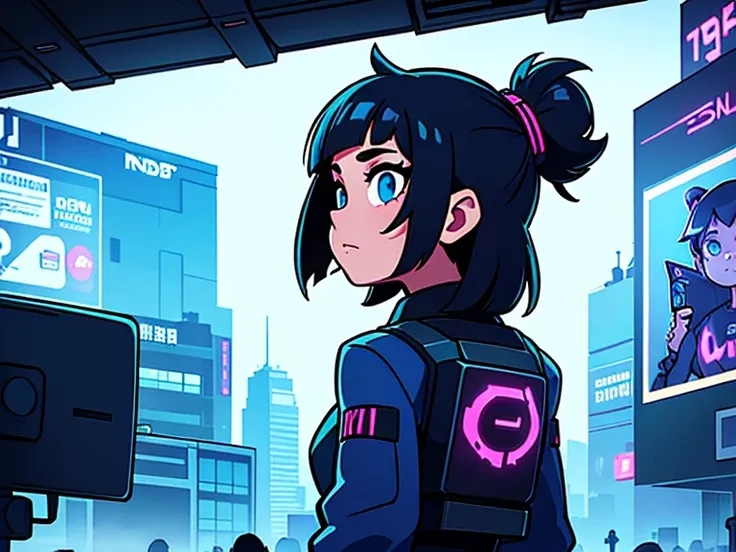 teens girl，Back Shadow，outside，look up to，large screens，cyber punk perssonage