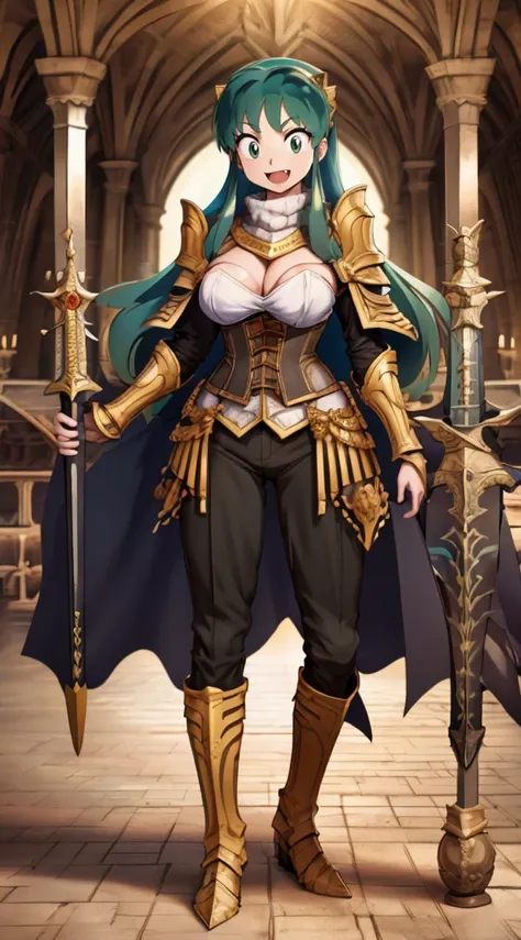 masterpiece, best quality,medieval armor, corset, breastplate,lum, , urusei yatsura, cloak, pants, pullover, kimono,martial pov,, pantyhose, sharpteeth, standing,smile, matial art, sword holding, full body, boots , pant, medium breast, pants, paladin, pull...