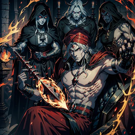 Castlevania Hyper Realistic Shadow Lord Super Detailed Dynamic Shooting Master of Lord Dracula Medieval Arab Warrior with Red Turban Scary Face Hokuto No Ken Structure Muscular Face Kenshiro sitting in his great legendary Moroccan throne surrounded by demo...