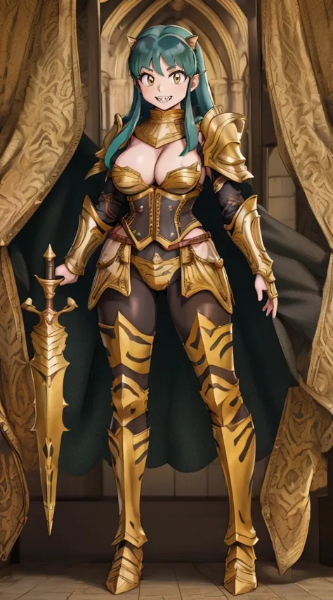 masterpiece, best quality,medieval armor, corset, breastplate,lum, , urusei yatsura, cloak, pants, pullover, kimono,martial pov,, pantyhose, sharpteeth, standing,smile, matial art, lance holding, full body, boots , pant, medium breast, pants, paladin, pull...