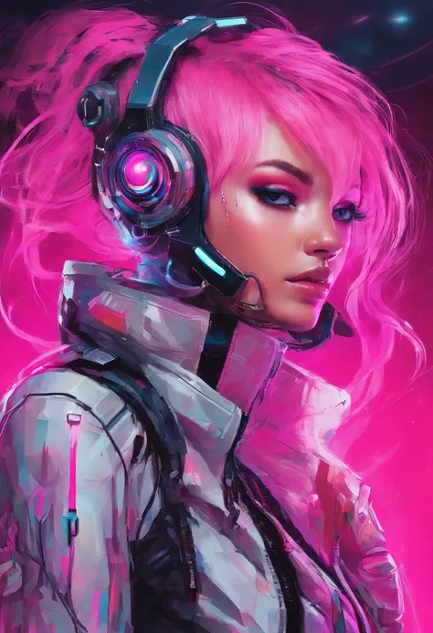 A unique and visually striking portrait of a cyber punk girl, her neutral facial expression belying the mischievous glint in her eyes as she stands confidently in front of a plain background, her neon pink hair casting an otherworldly glow.