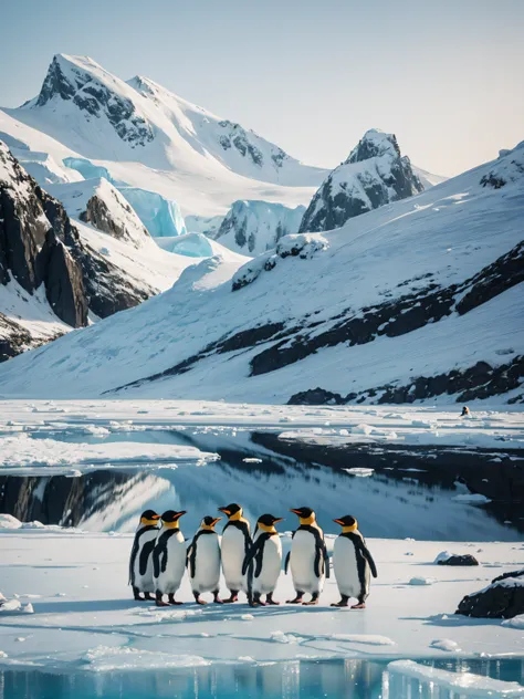 a cheerful family of penguins waddling across an icy landscape in a soft, muted color palette, exuding warmth and joy.