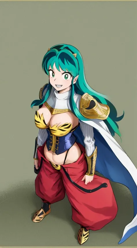 masterpiece, best quality,medieval armor, corset, breastplate,lum, , urusei yatsura, cloak, pants, pullover, kimono,martial pov,, pantyhose, sharpteeth, standing,smile, matial art, lance holding, full body, boots , pant, medium breast, pants, paladin, pull...