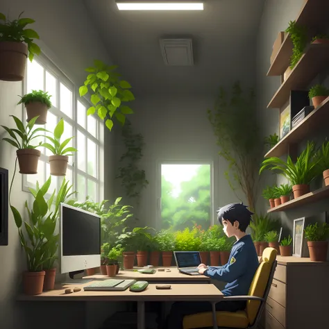 A boy working inside a room filled with plants ,3 monitor,anime style