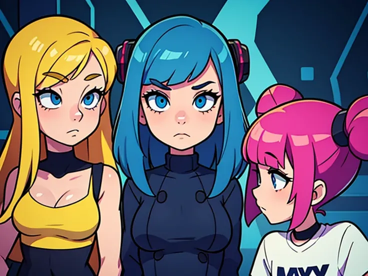 teens girl，split personality，Three identical people，Hair color is different，cyber punk perssonage