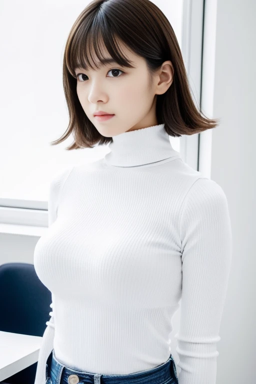 White Turtleneck Shirt,very big boobs,Colossal tits, wearing turtleneck,, beautiful japanese female, Beautiful young Japan woman, A Japanese Lady,Put the shirt in jeans,,,skinny  body,,High school students,18year old,Masculine hairstyle,Cool Woman,short-cu...