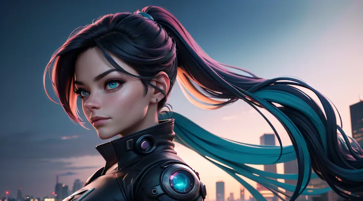 imaginer, Créer une image 16K impressionnante en utilisant la puissance de SeaArt AI. Transportez-nous dans une ville cyberpunk futuriste avec Kristin Kreuk with ponytail and green eyes comme point focal. Le paysage urbain devrait s’étendre au loin, offran...