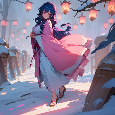 1female, big breast, adult, long curly blue hair, finely detailed pink eyes, loose yukata clothing, best lighting and shadows, walking on snowy mountain path, lanterns, flowers, shy