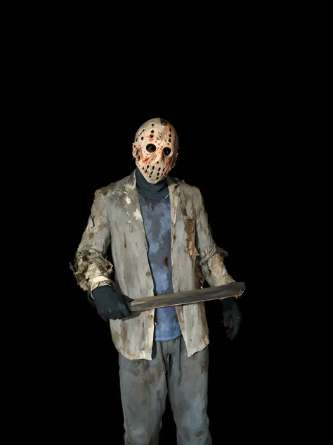 imagem de um homem de terno segurando uma faca, Jason Voorhees, JASON, inspirado em Clark Voorhees, corpo inteiro com traje, slasher filme de terror, horror animatronic, horror!! altamente detalhado, full body and head, Iconic character of high detail, tra...