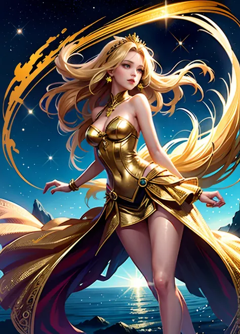 Full body shot, illustration, film light, fantasy, highest quality, super detailed, best quality, masterpiece, (detailed face), tall sexy mature woman, dress made of gold coins chained together, glowing quicksand, floating embers Crystals, golden hair acce...