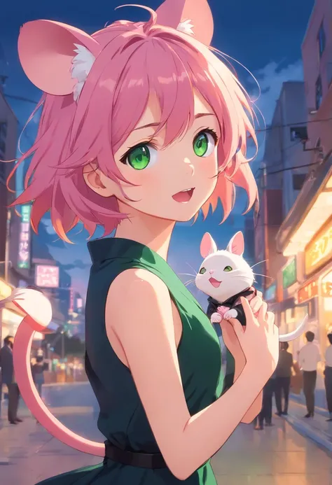 best quality,ultra-detailed,green eyes,pink hair,black dress,toy mouse hanging from mouth,solo,neko