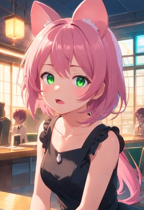 best quality,ultra-detailed,green eyes,pink hair,black dress,toy mouse hanging from mouth,solo,neko