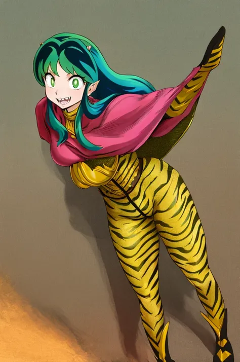 masterpiece, best quality,medieval armor, corset, breastplate,lum, , urusei yatsura, cloak, pants, pullover, kimono,martial pov,, pantyhose, sharpteeth, standing,smile, matial art,, full body, boots , pant, medium breast, pants, pullover,martial pov