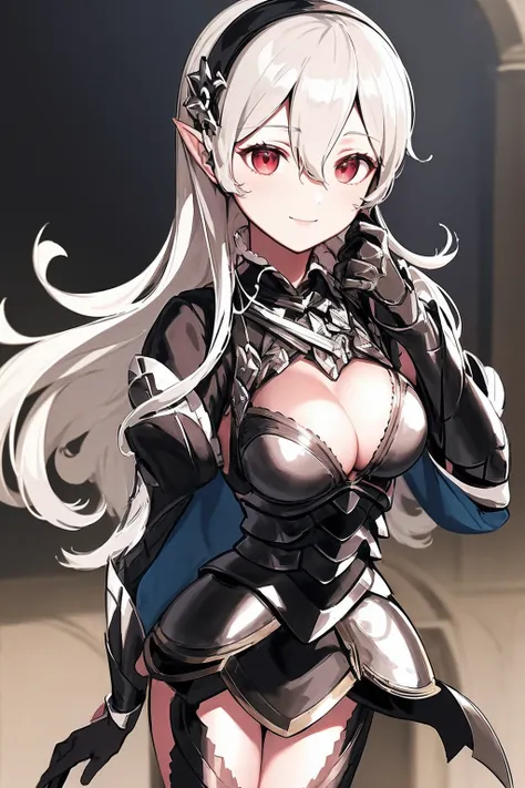 masterpiece, best quality, defCorrin, black hairband, armored dress, blue cape, puffy sleeves, juliet sleeves, vambraces, black gloves, armored legwear, upper body, looking at viewer, castle, gothic architecture, smile, sky, clouds, hands to heart full bod...